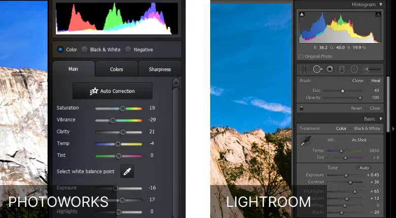 PhotoWorks and Lightroom interfaces