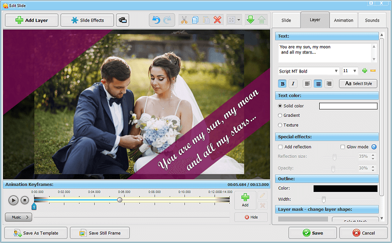 Add captions and quotes to your wedding slideshow
