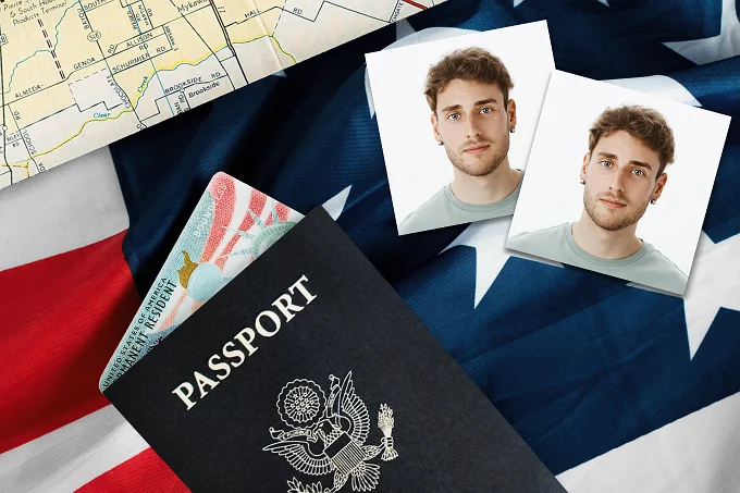 Two 2x2 passport photos with a U.S. passport and map