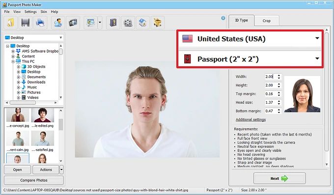 Select the USA and passport 2x2