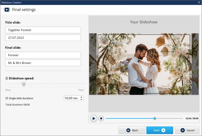 Creation of your wedding slideshow - Finishing touches